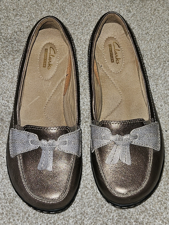 Clarks Shoes - SOLD**Clarks Bronze Ashland Bubble Leather Loafers with Silver Bow